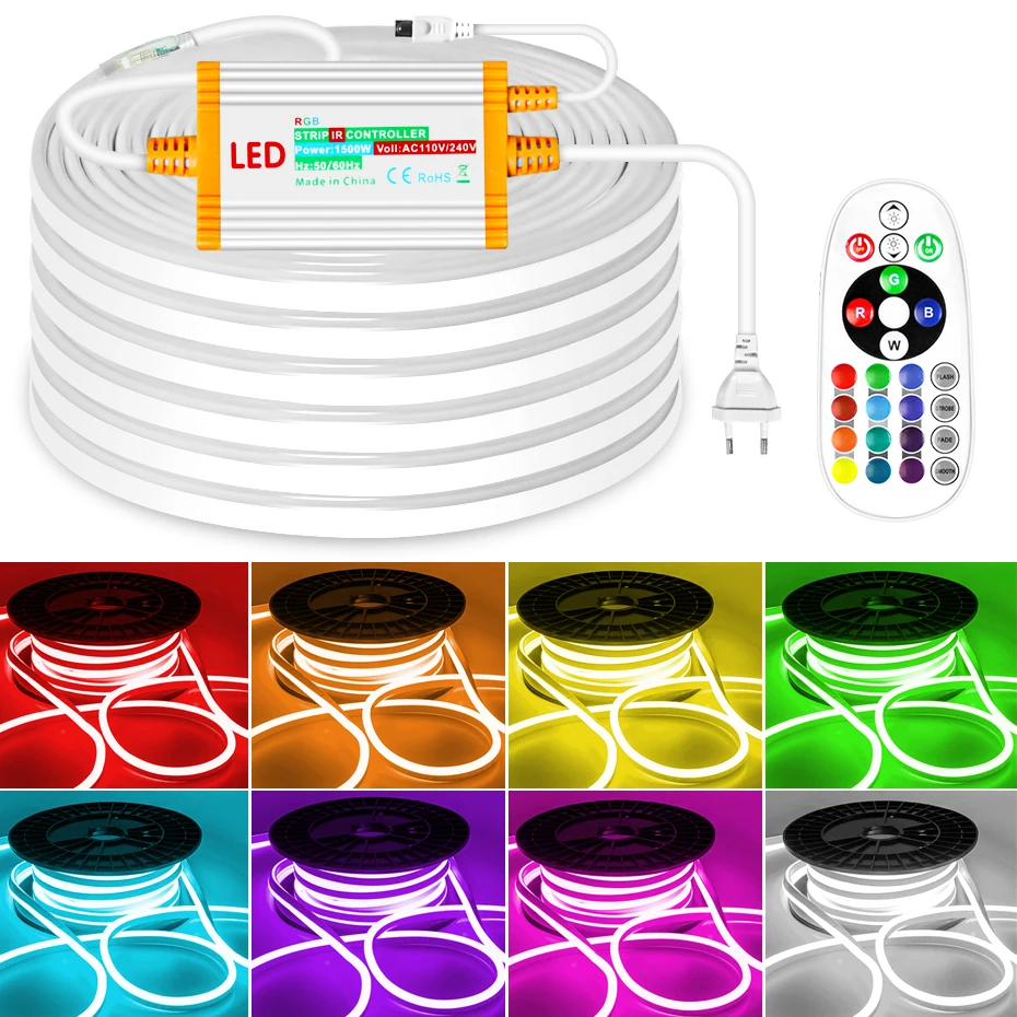 

220V Waterproof RGB Neon Led Lights Outdoor with 1500W IP68 Adapter Flexible LED Strip 5050SMD RGB Tape Light Home Garden Decor