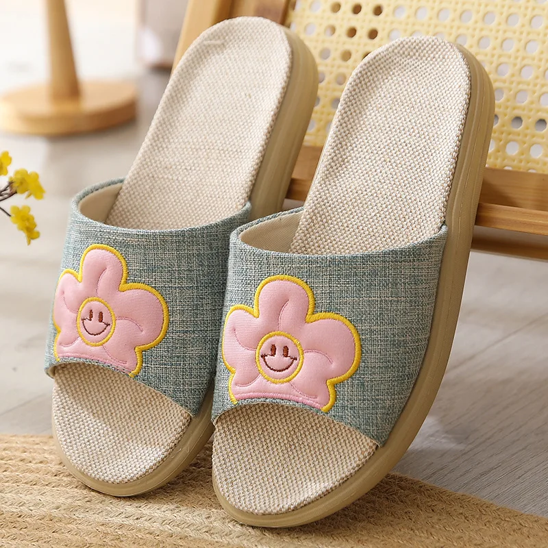 New Men's Ladies Summer Shoes Linen Mesh Breathable Non-Slip Sandals Beach Flip-Flops Couples Indoor Slippers