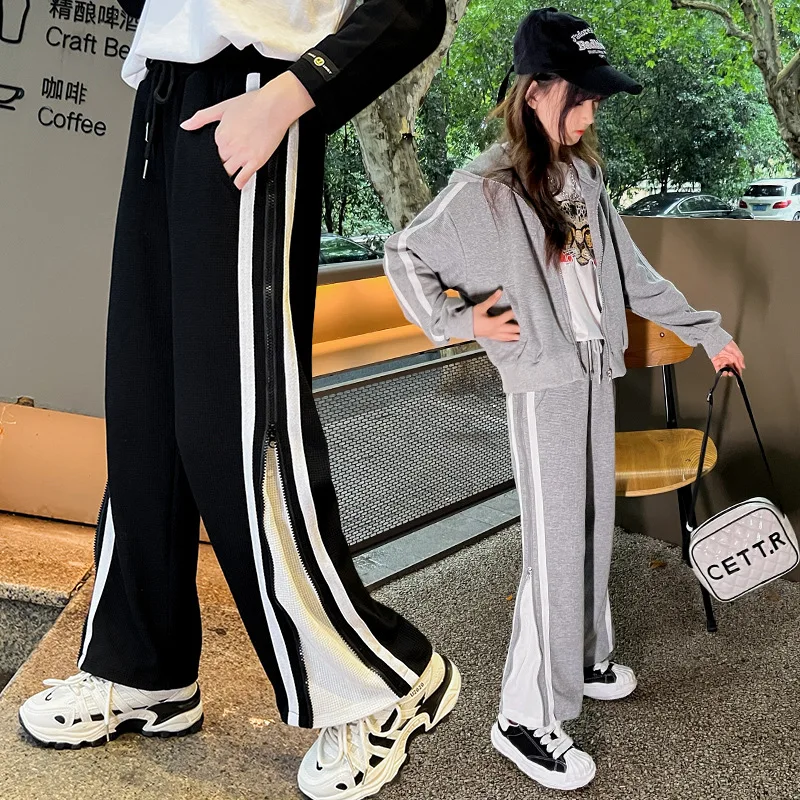 

Girls striped fashion pants 2022 spring and autumn new side zipper design is thin and high wide-leg pants trend