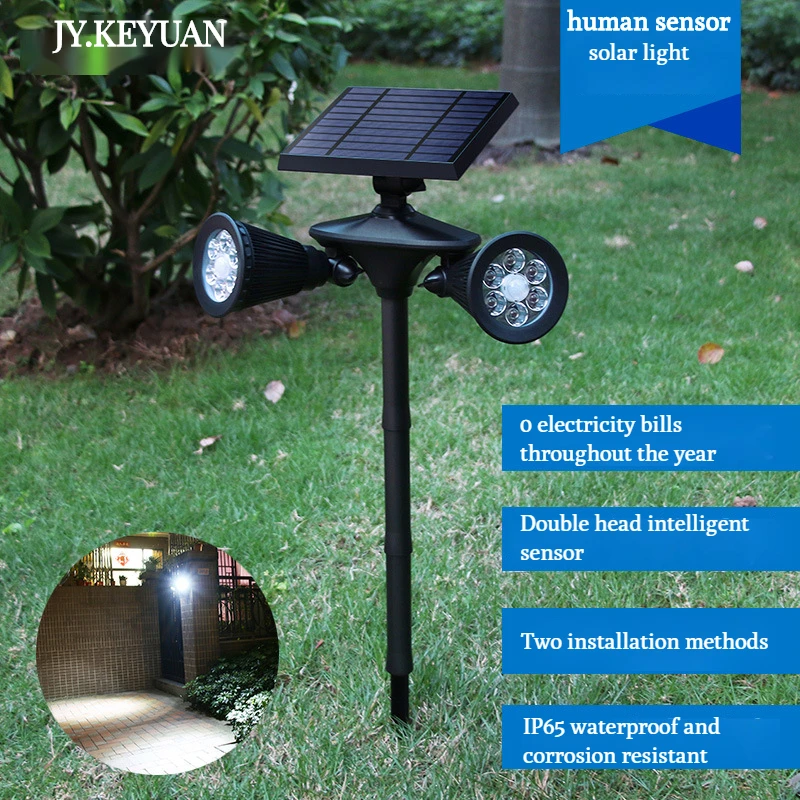 

Solar Lamp Led Outdoor Double Head Human Sensing Lawn Spotlights Home Insert Wall Lamps Street Decor Garden Buildings Lighting