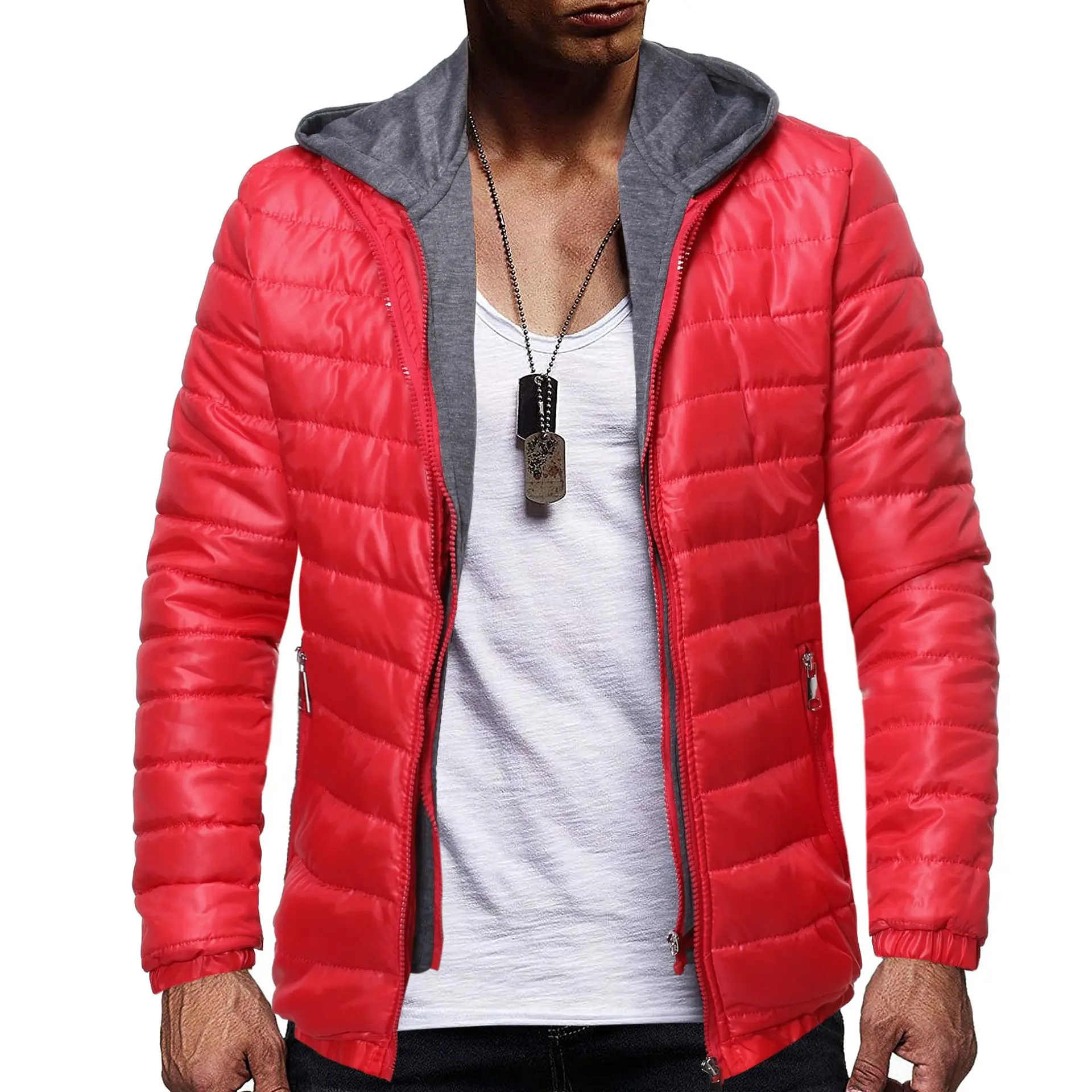 

Fake luxury men's wear,Autumn winter new cotton jacket cross border casual men's pure color hooded fake two jacket cotton jacket