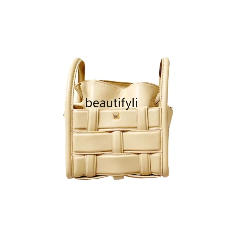 

zq Cream Yellow Woven Bag Women's Vegetable Basket Portable Small Bucket Bag Texture Niche Messenger Bag