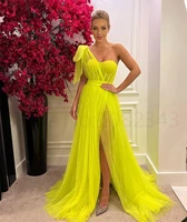 one shoulder tulle a line prom dresses sexy side slit sleeveless evening gown custom made robe de mari%c3%a9e