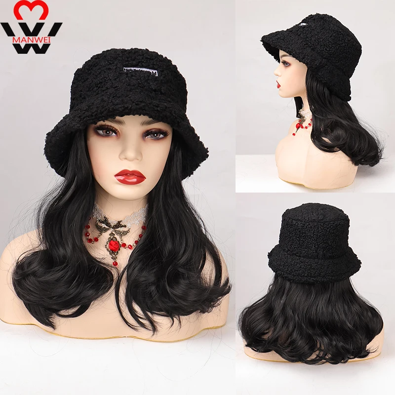 

MANWEI Синтетические длинные волнистые волосы парик с шляпой натуральная модная теплая шляпа парик с волосами осень и зима женский парик шляп...
