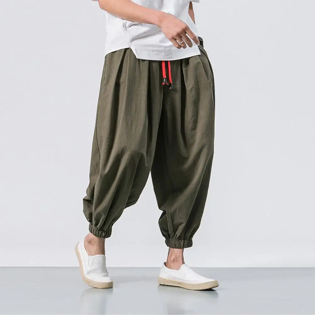 

Harem Pants Stylish Hip Hop Lace-up Trousers Solid Color Ankle Tied Men Pants