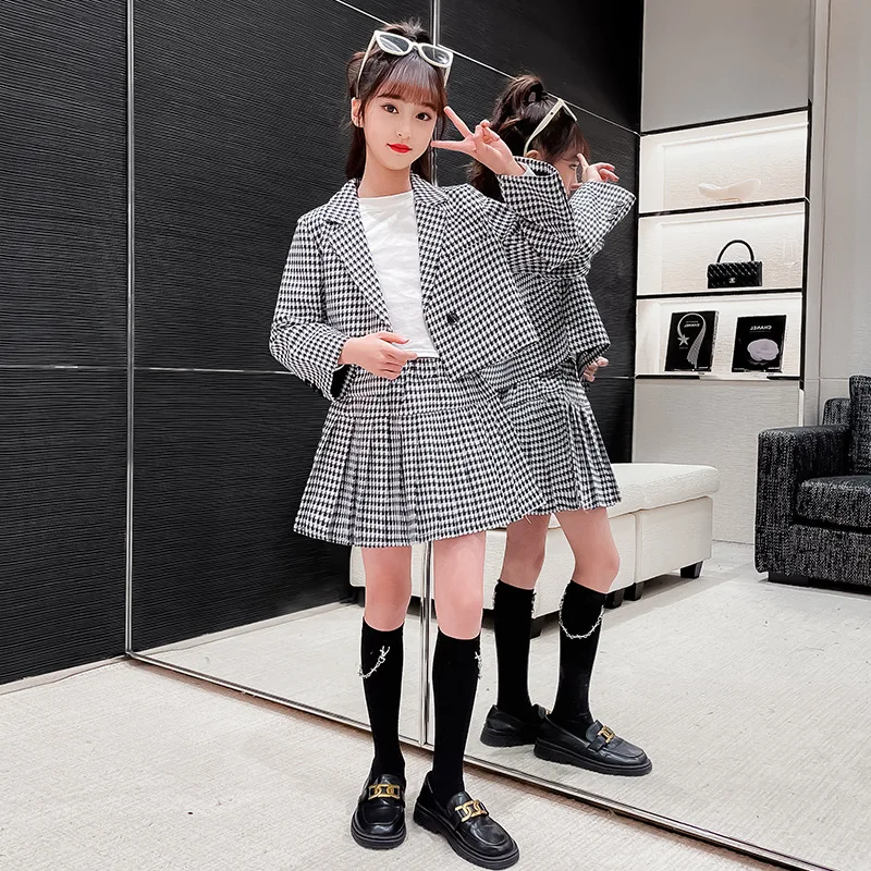 

Spring Autumn Fashion Jacket Teen Girls Clothing Suit Top + Pleated Skirt 2 Pcs Kids Baby Clothes JK Uniforms Suits Set 4-14 Yrs