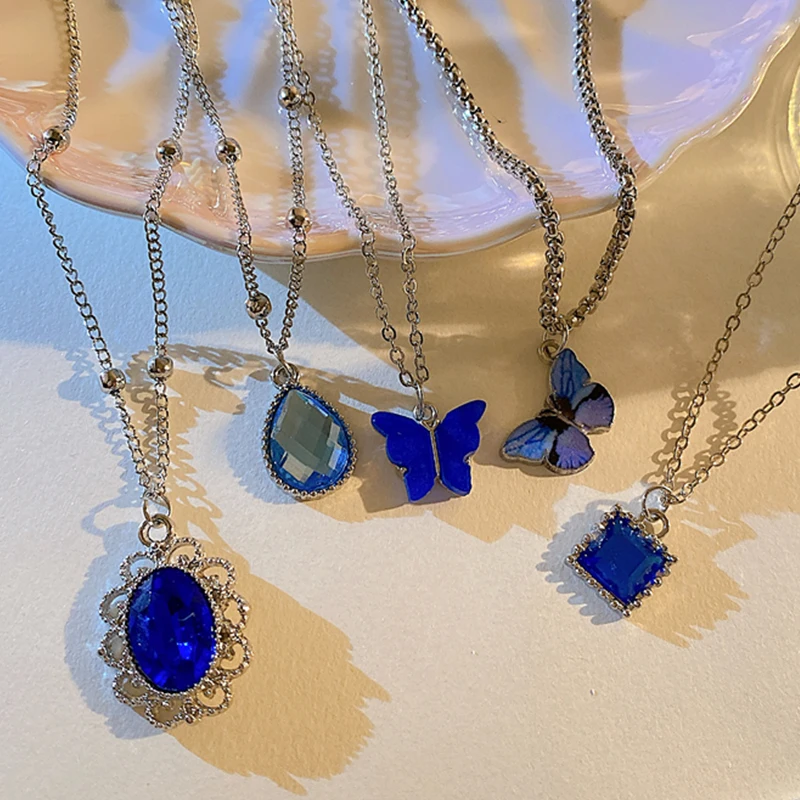 17KM 5Pcs Crystal Butterfly Necklaces Set Heart Animal Silver Color Chain Chokers Geometric Irregular Trendy Jewerly for Women - купить по