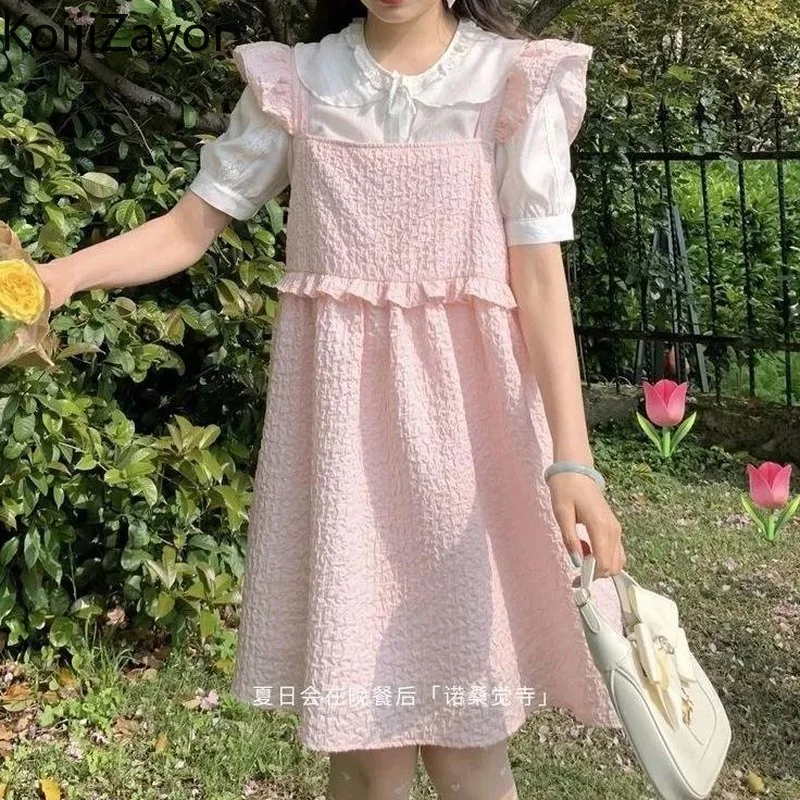 

Комплект из двух предметов Koijizayoi, модное милое розовое прямое платье миди, белая рубашка с коротким рукавом, летние наряды, Женский комплект из 2 предметов