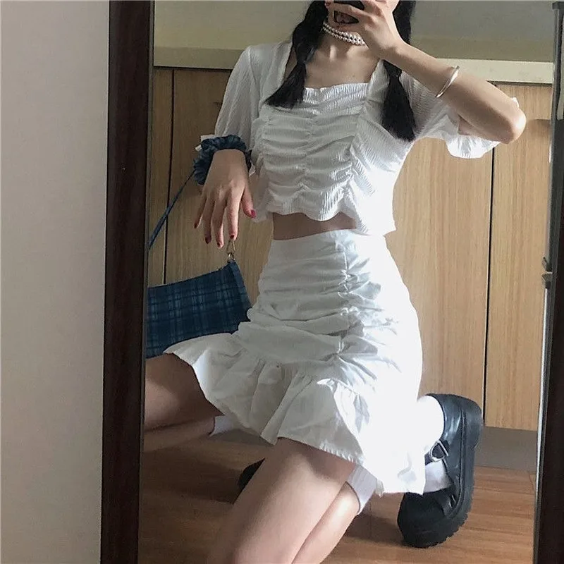 

Женский комплект с коротким топом и юбкой, Однотонная юбка с высокой талией и квадратным вырезом, лето