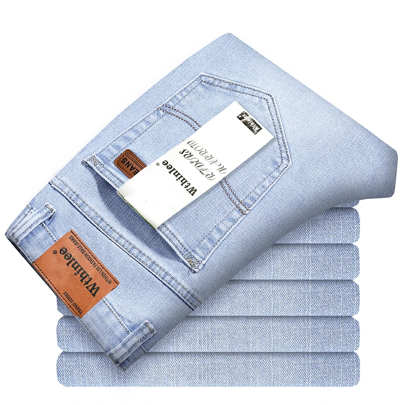

New Brand Mens Thin Jeans Spring Summer Male Business Casual Slim Fit Elastic Denim Pants Men Classic Jean Sky Blue Trousers