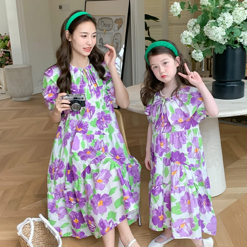 

2023 Summer Mother and Daughter Matching Clothing Dress Parent-child Flower Frocks Mother-daughter Korean Cotton Skirt