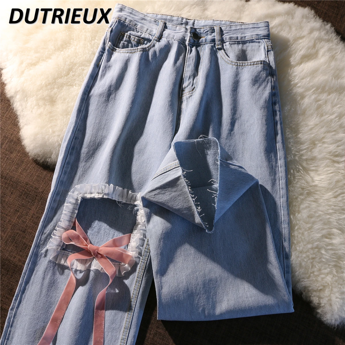 

Женские рваные джинсы на весну и осень, тонкие свободные джинсовые брюки с высокой талией, Свободные повседневные прямые широкие брюки для дам