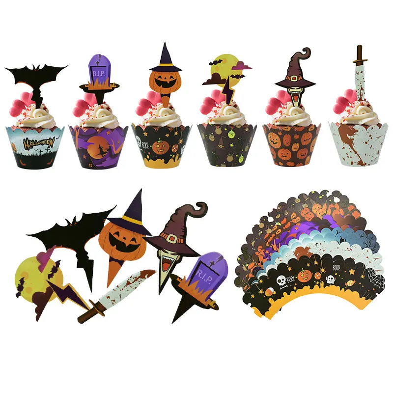 

12 Set Halloween Cupcake Topper Cartoon Pumpkin Bat Ghost Bloody Horror Cake Wrapper Cup Muffins Decoration Party Baking Decor
