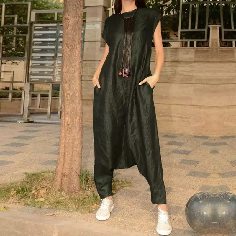 

2022 ZANZEA Summer Overalls Women's Drop Crotch Jumpsuits Female Short Sleeve Rompers Combinaison Femme Cargo Pants Palazzo