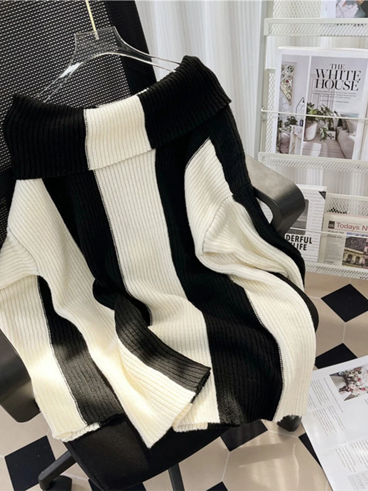 

Black White Color Striped Women Slash Neck Sweater Off Shoulder Knit Pullover 2022 Autumn Winter Long Sleeve Knitwear Vintage
