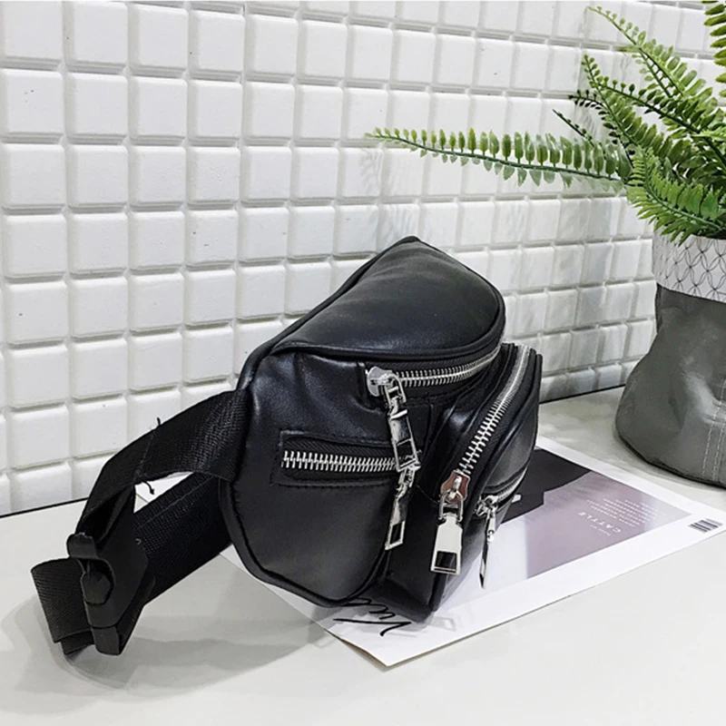Fashion Black Waist Bag Women PU Leather Chest Fanny Pack Punk Crossbody Chains Shopping Lady Cellphone Purse sac |
