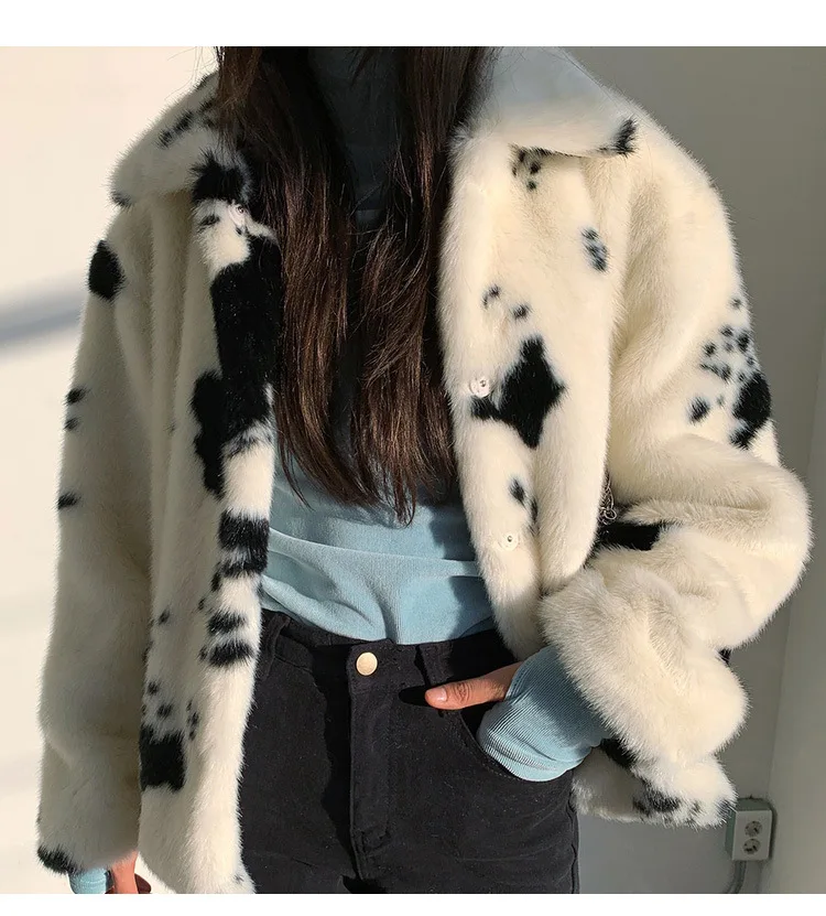 Autumn Winter Black White Cow Imitation Mink Fur Short Coat Women Loose Slim Furry Warm Long-sleeved Plush Coat Free Shipping