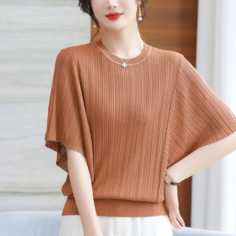 

Stylish Solid Color Spliced Loose Batwing Sleeve Blouse Women Clothing 2023 Summer New Oversized Casual Pullovers Commute Shirt