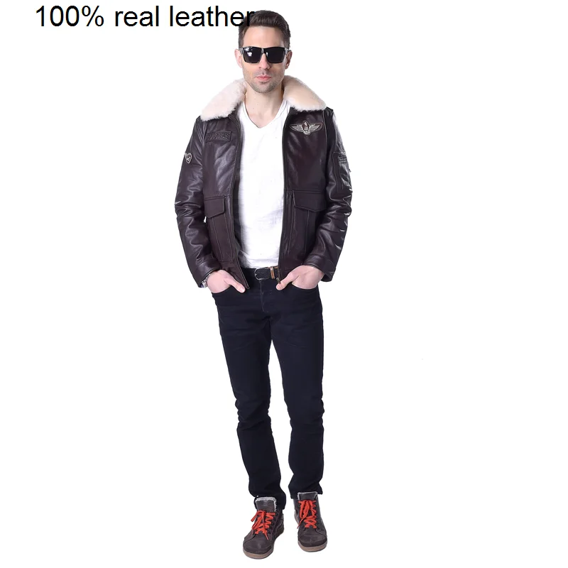 

Мужская летная авиаторская куртка из 100% воловьей кожи с меховым воротником, зимняя мужская кожаная куртка, 177