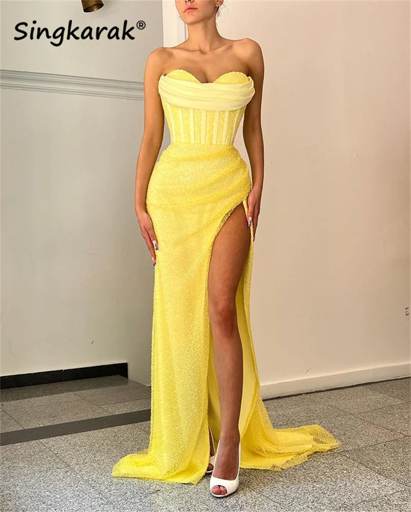 

Блестящее платье-Русалка для выпускного вечера с желтыми бусинами и блестками, сексуальное вечернее платье с разрезом для дня рождения, бал...