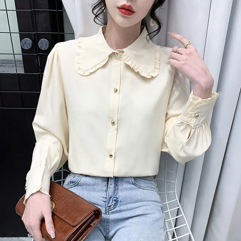 

Autumn Woman Fashion Button Up Shirts Female Solid Color Vintage Blouse Ladies Long Sleeves Loose Street Shirts Blouses G275