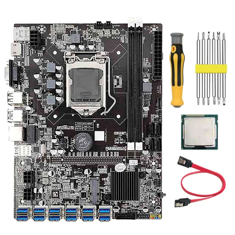 B75 BTC Mining Motherboard with G530/G630 CPU+Screwdriver+SATA Cable 12 USB3.0 GPU Slot LGA1155 DDR3 DIMM RAM SATA3.0