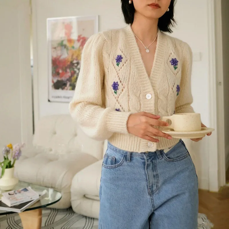 

Women Mohair Embroidered Floral Argyle Vintage V-neck Wool Cardigan 2023 Early Autumn New In