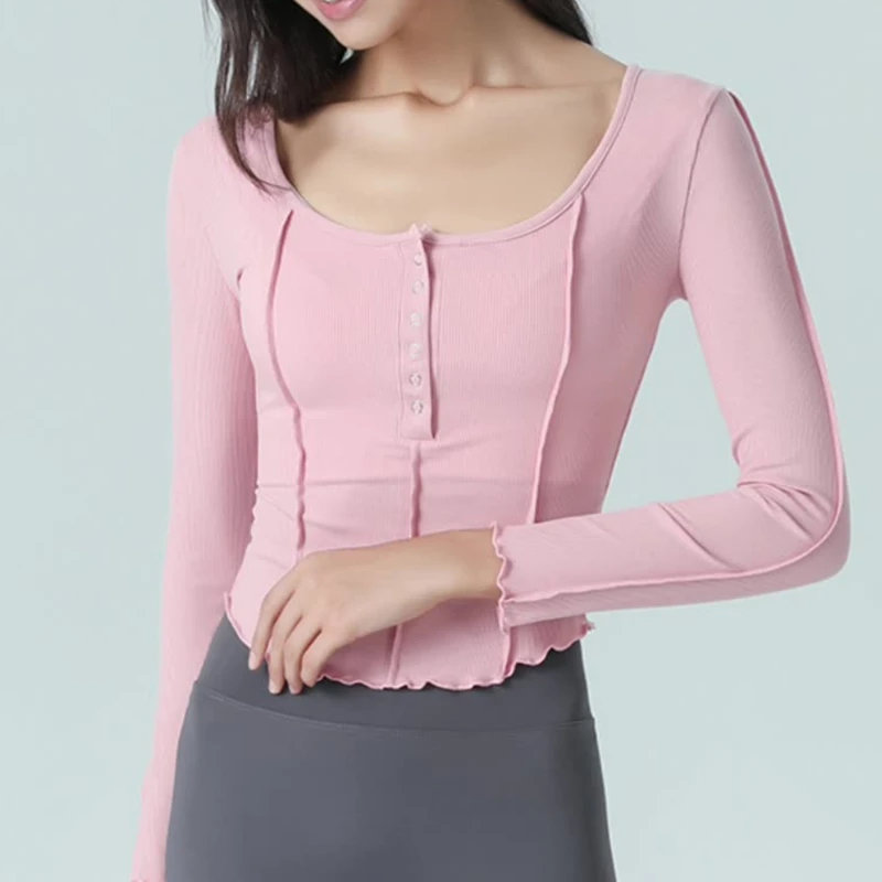 

Ladies Crop Top Seams Pink Long Sleeve Top Curved Hem Sheath T-shirt With Button U-shaped Tops Women Slim Camisetas Top Femme
