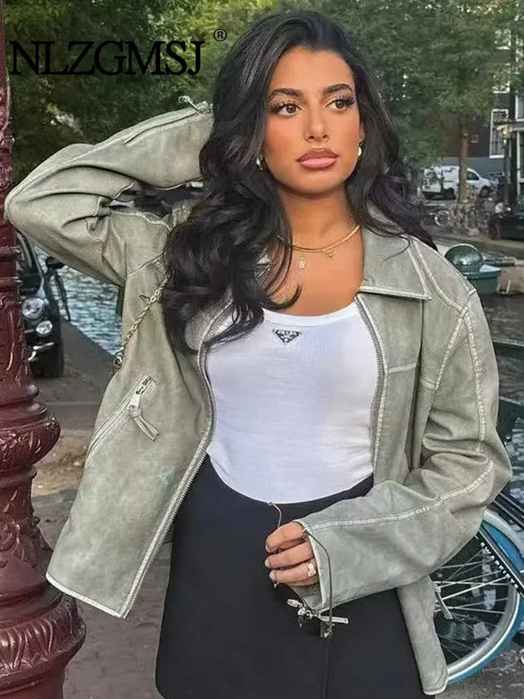 

TRAF 2023 Women Autumn Faux Leather Casual Jacket Fashion Turn-down Collar Zipper Jackets Coats Femlae Elegant Streetwear