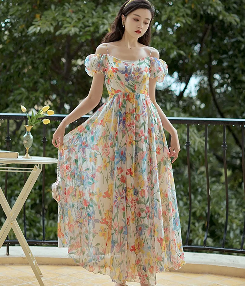 

Spaghetti Straps Beach Dress 2022 Summer Off Shoulder Sleeveless Floral Print Holiday Slip Dresses