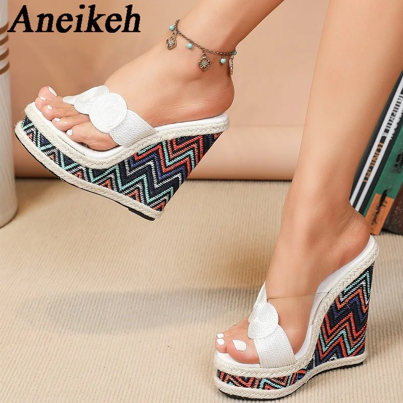 

Aneikeh 2024 Fashion Viscose Mixed Colors Cross Wedges Sandals Women Platform Peep Toe EthnicStyle High Heels Party Dress Mules