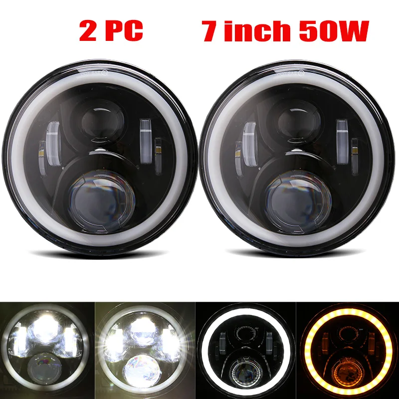 

Round 7'' Headlights with Yellow & White Angel Eye for Jeep Wrangler 2Pcs Car Led Headlamp Off Road Car Led Lamp H4 DRL