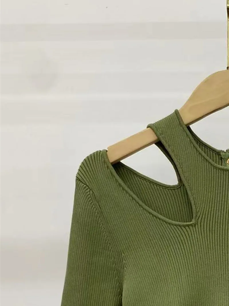 

Женское Трикотажное короткое платье, зеленое ажурное облегающее платье с открытыми плечами, круглым вырезом и высокой талией, лето 2023