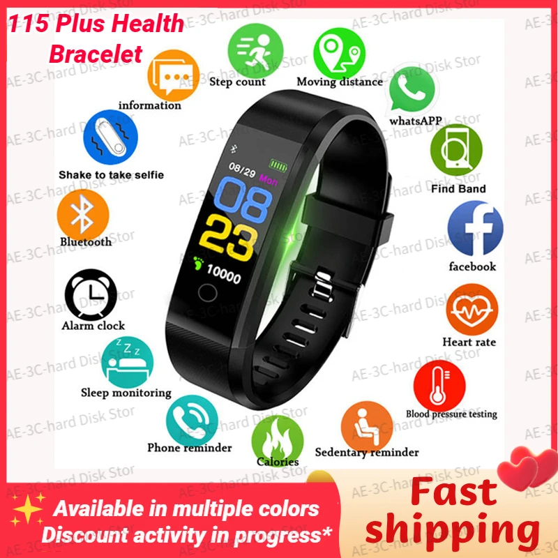 

New 115 Plus Health Bracelet Heart Rate Blood Pressure Pedometer Fitness Tracker Wristband Waterproof Sports Smart Watch adults