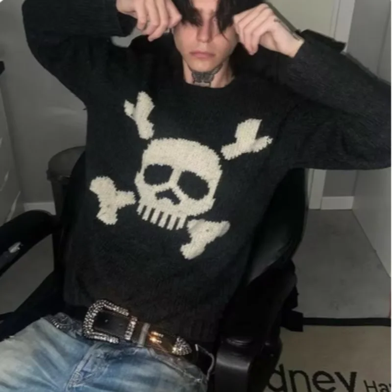 Акриловый пуловер унисекс в стиле хип-хоп с рисунком черепа свободный топ