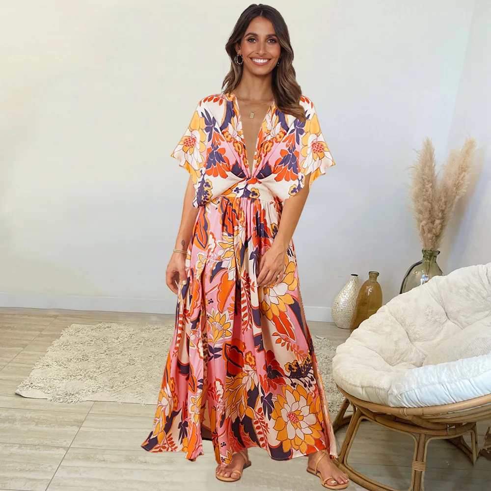 

Women's Batwing Sleeve Maxi Dress Fashion Vintage Print Long Dresses 2022 Summer Beachwear Casual Bohemian Pattern Vestidos Robe