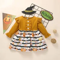 2022 New Halloween Theme Dress, Pumpkin Pattern Dress, Horn Cuff + Ruffle, Round Collar Button, Suitable for Girls Aged 1-4