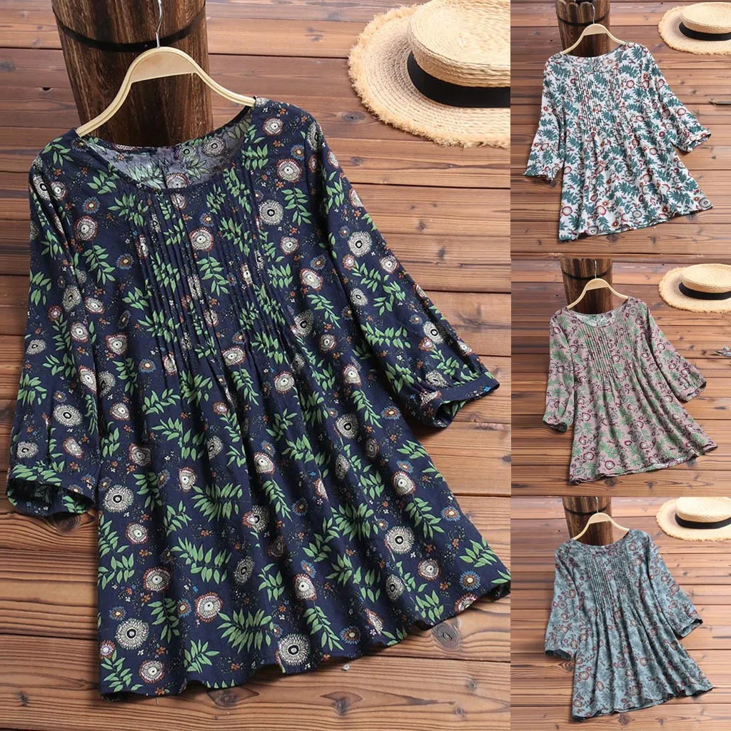 

T Shirt Women Pack Women Vintage Floral Print 3/4 Sleeve O-Neck Pleated Loose Top Shirts Blouse Formal Tops