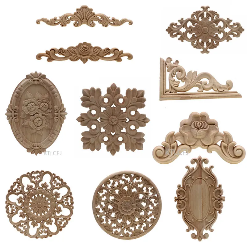 

Natural Wood Floral Wooden Carved Wooden Figurines Crafts Corner Appliques Frame Wall Door Furniture Wood Carving Decoration