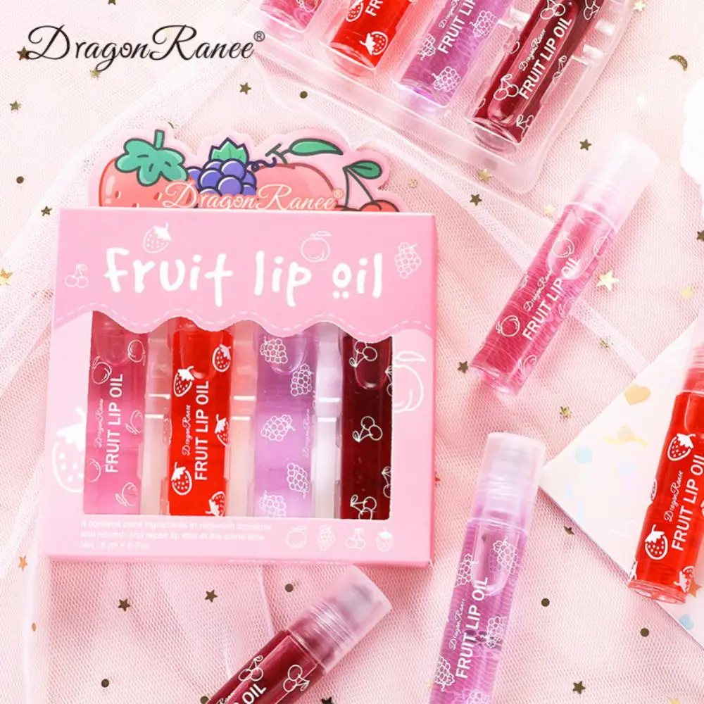 

DRAGON RANEE Fruit Roll On Lip Oil Set 4pcs Glass Transparent Colorless Lip Glaze Long Lasting Moisturizing Portable Lip Gloss