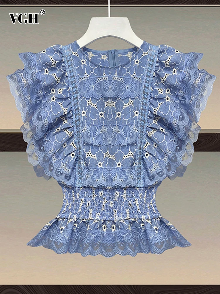 

Женская Повседневная Блузка VGH, кружевные винтажные рубашки с коротким рукавом и круглым вырезом, летняя одежда 2022