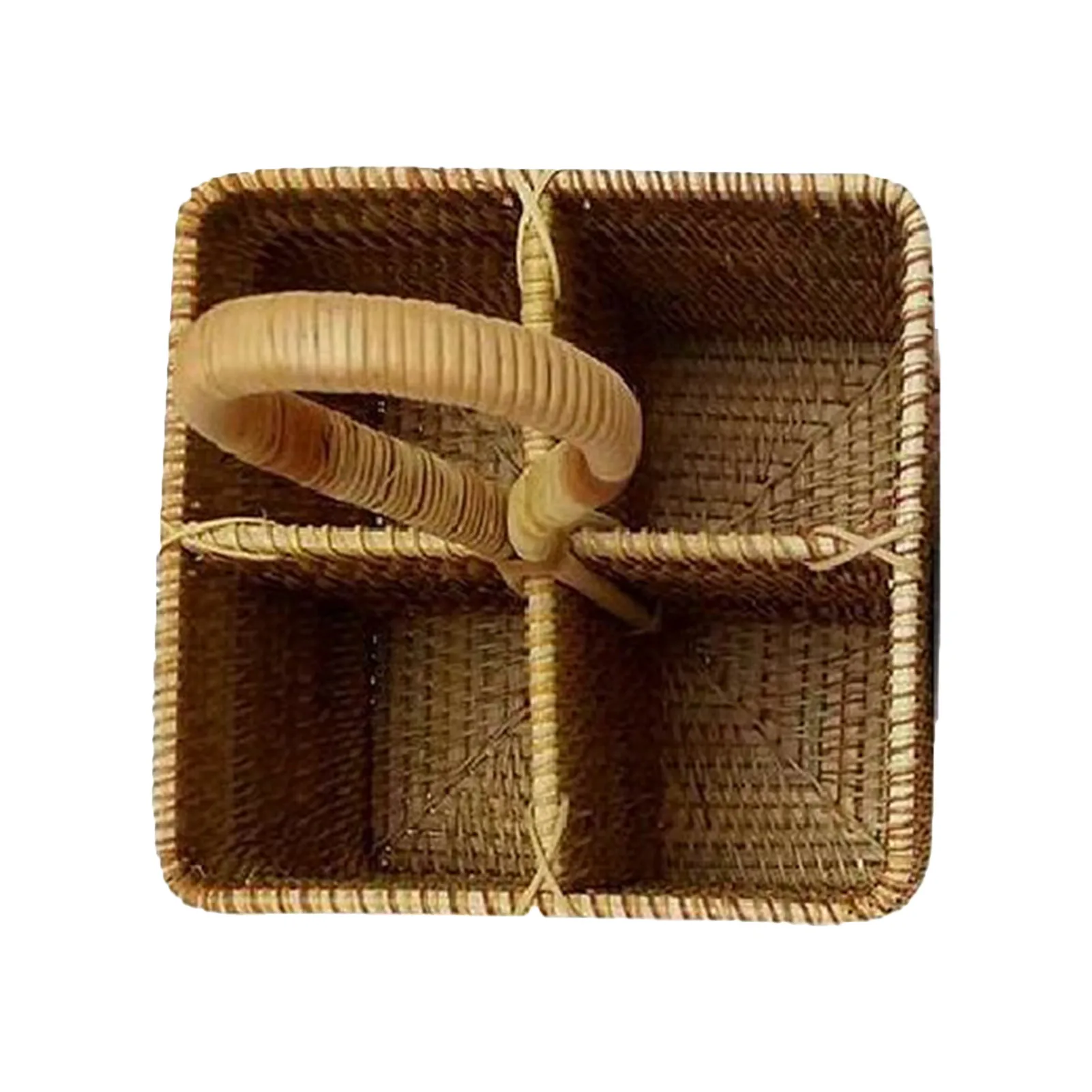 

Wicker Basket Natural Hand Woven Storage Picnic Basket 7x7in Long Handle 4 Compartments Rattan Basket For Picnic Bottle Cutlery