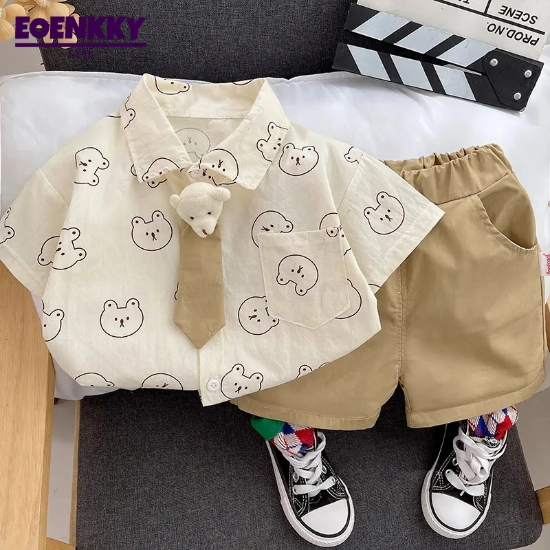 

Boys Girls Set Summer Children's Short Sleeve Summer Casual Bear Print Shirt Shorts Kids Ventilate Two Piece Suit Fashion 2023
