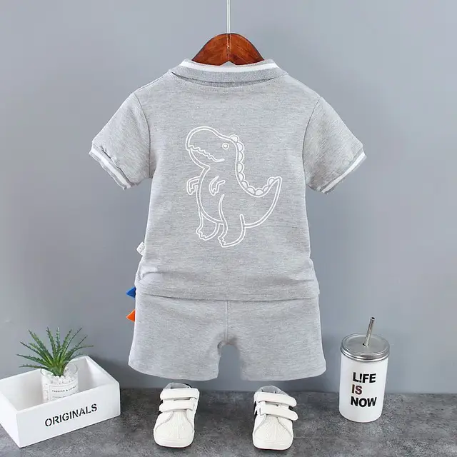 Summer Outfits for Baby Boys 9 to 12 Months Dinosaur Printed Turn-down Collar T-shirts Tops and Shorts 2PCS Infant Clothing Sets 4