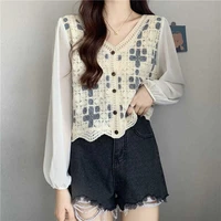 2022 spring new embroidered flowers hollow lace shirt fashion long sleeved stitching short top women trendy luxury boutique