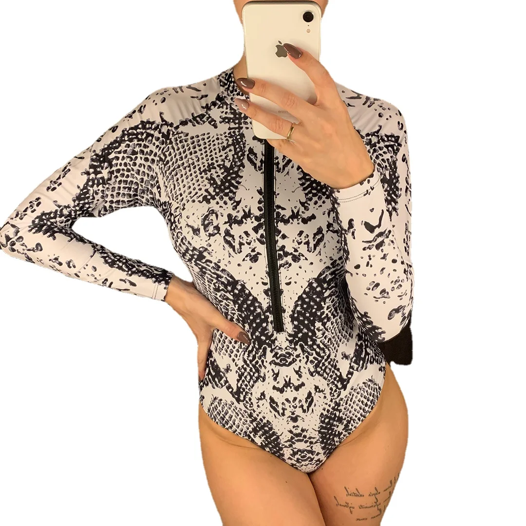

Snake Leopard Long Sleeve Rash Guard Cut Out One Piece Swimsuit Women Swimwear Female Zipper Full Sleeve Bather Bathing Suit