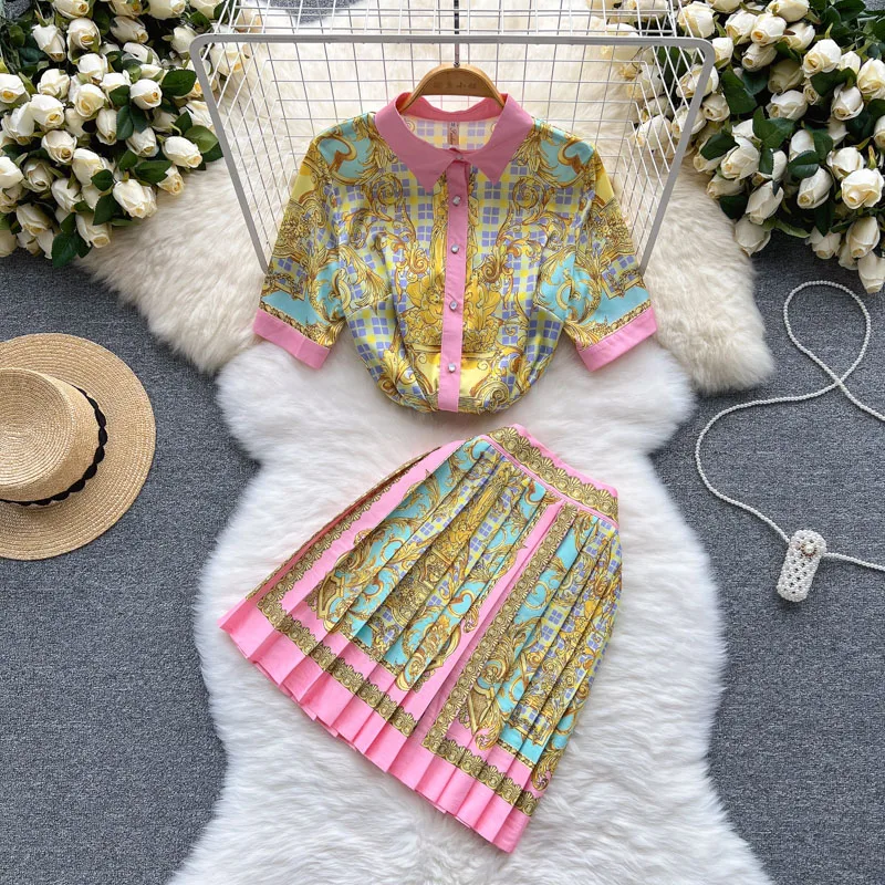 

Two Piece Sets Womens Outifits 2022 Palace Style Fashion Women Retro Print Dress Skirt Sets Ladies Temperament All-match Skirt