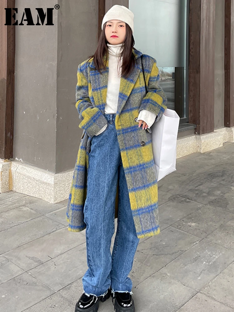 

[EAM] Loose Fit Blue Plaid Big Size Long Thick Woolen Coat Parkas New Long Sleeve Women Fashion Tide Autumn Winter 2022 1DE5874