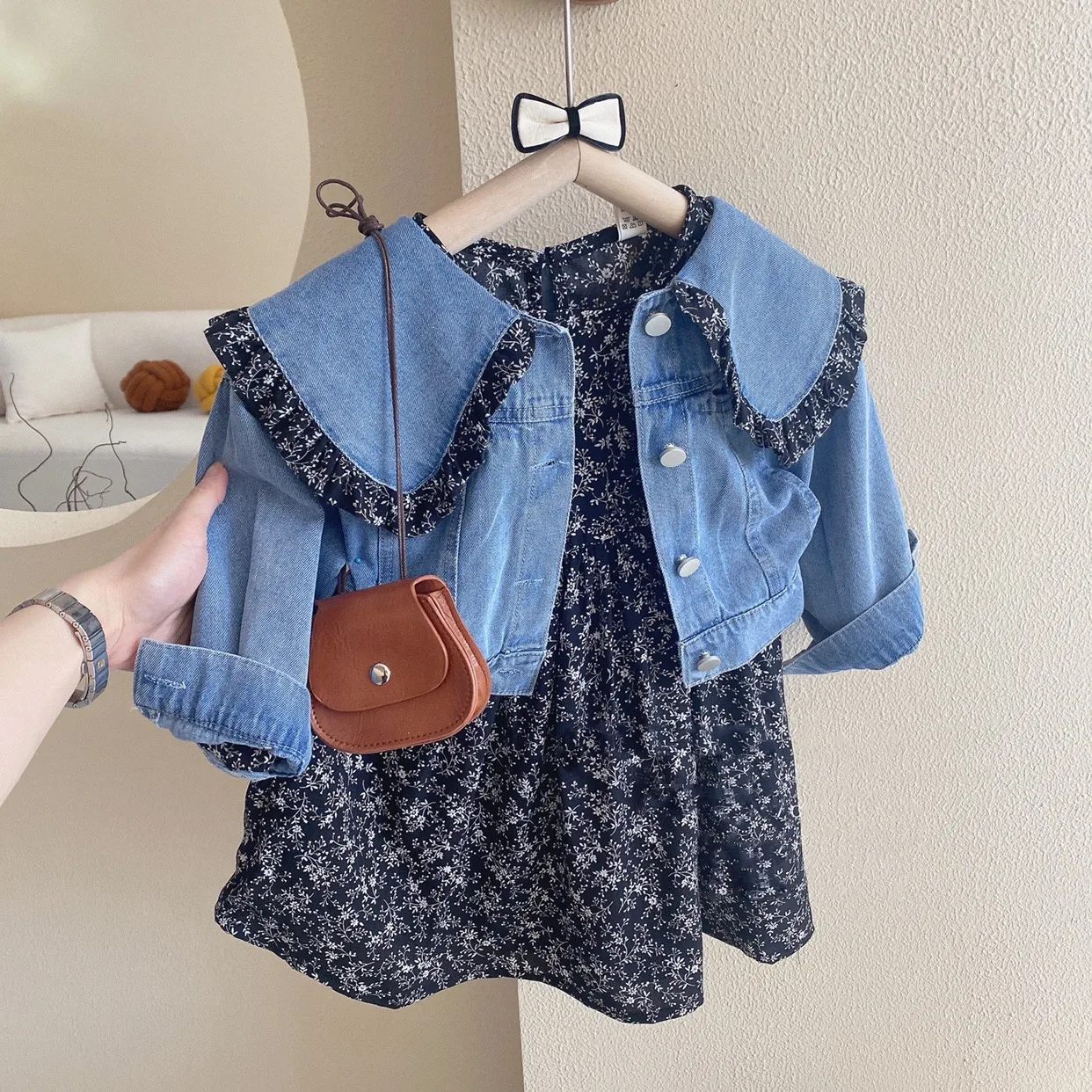 

Spring Autumn Girls' Clothing Sets New Girls Cute Lapel Denim Top +Floral Dress Two-Piece Set Children Girls Clothes Suit