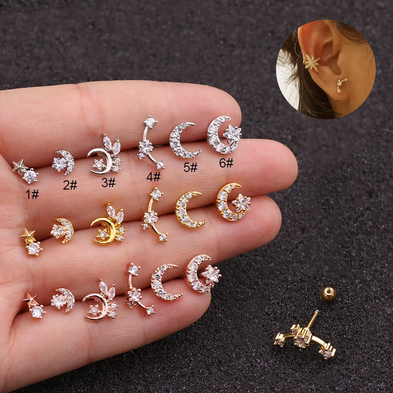 

316L Stainless Steel Piercing Stud Earrings Star Moon Zircon Earbone Nail Helix Conch Cartilage Tragus Piercing Body Jewelry